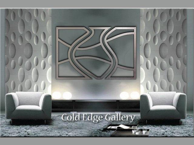 Modern gallery interior with two armchairs and abstract wall art. Soft lighting enhances the design.
